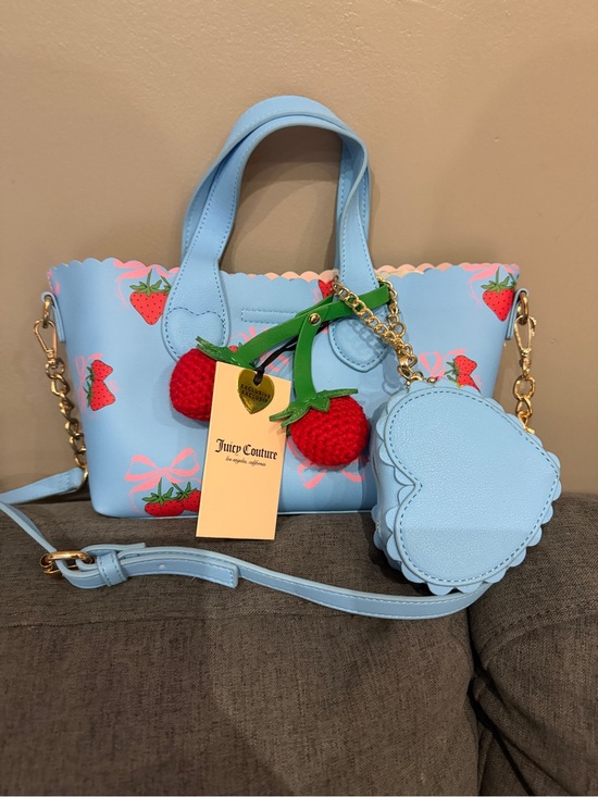 Juicy Couture Handbags - Juicy Couture Light Blue Strawberry Print Tote with Strawberry Charm